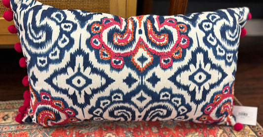 Navy Patterned Pillow with Poms
