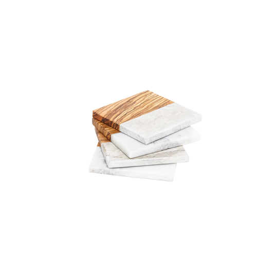 Olive Wood with White Marble Coasters