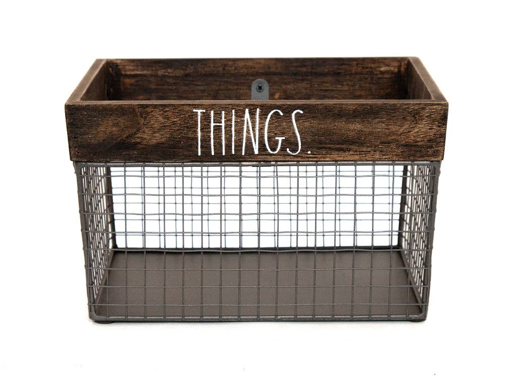 Rae Dunn "Things" Metal and Wood Decorative Storage Basket